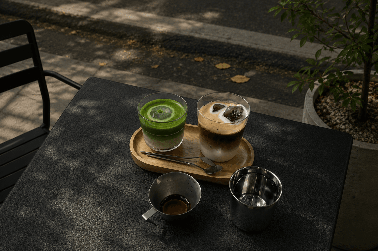 Pair on a Tray — Iced matcha and shaken espresso